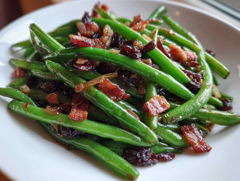 Close-up of bright green Sautéed Green Beans with Crispy Bacon bits served on a white plate.