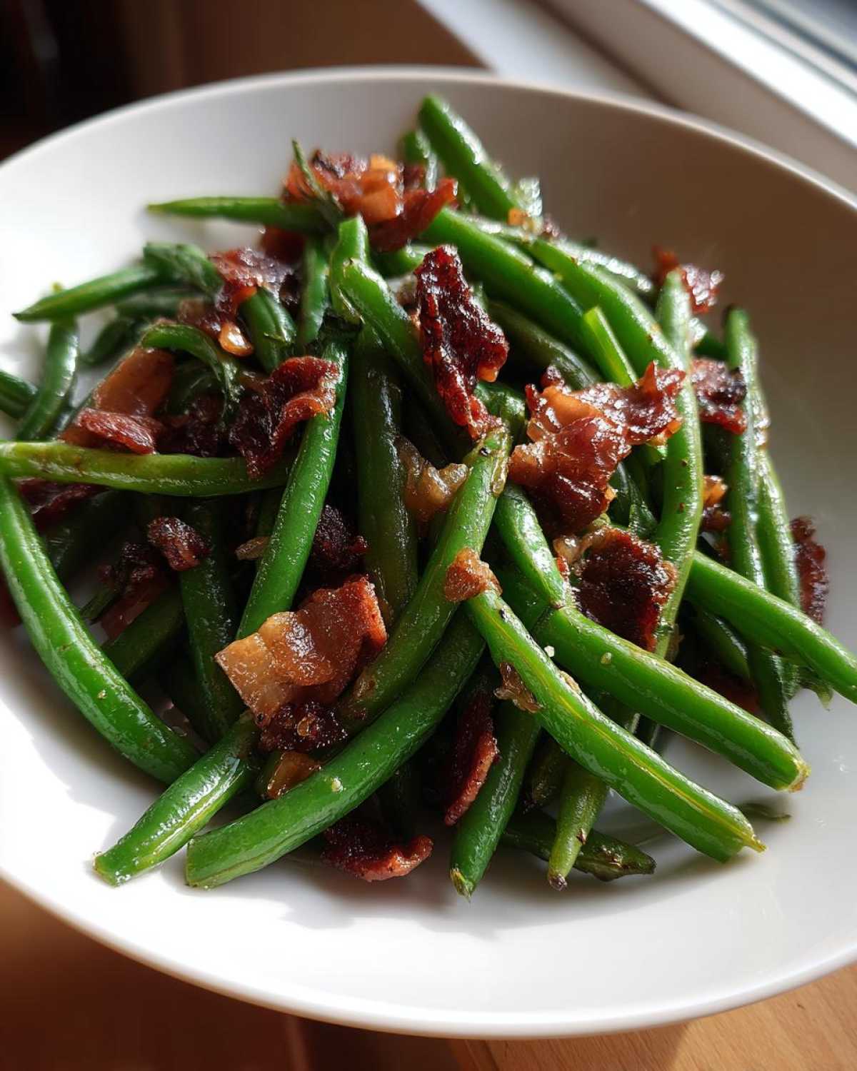 Close-up of vibrant green Sautéed Green Beans with Crispy Bacon served in a white bowl.
