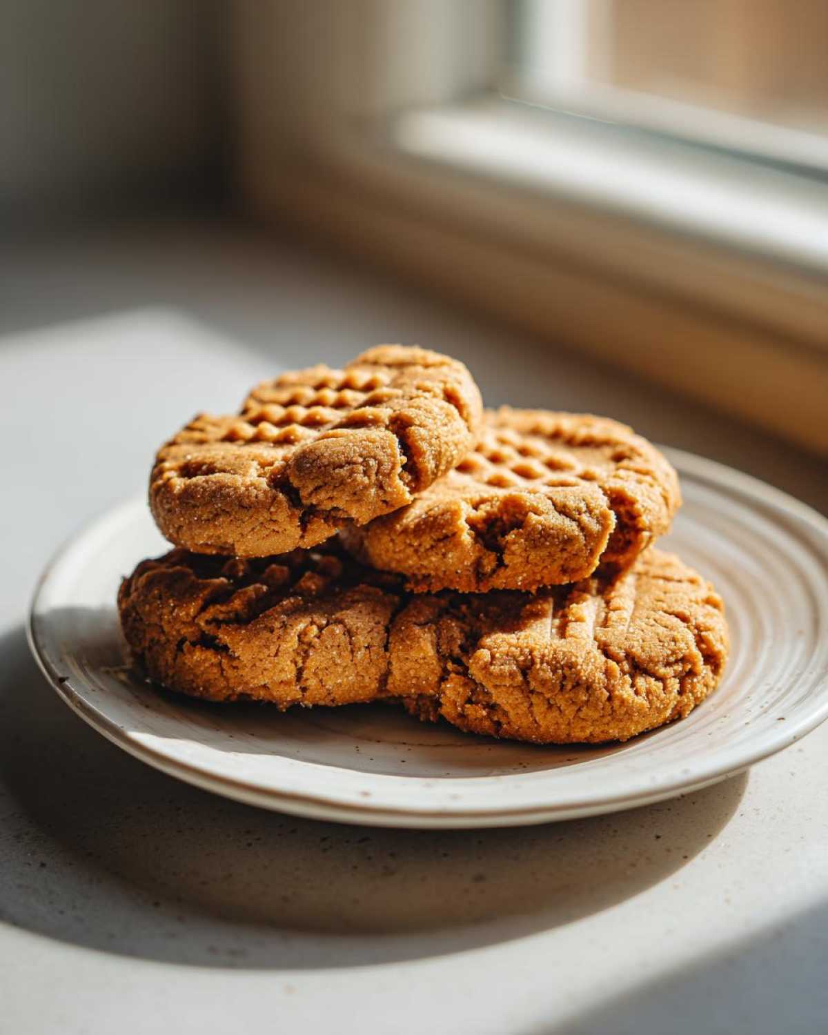 A stack of four classic Peanut Butter Cookies showing the traditional crosshatch fork marks, resting on a light plate.