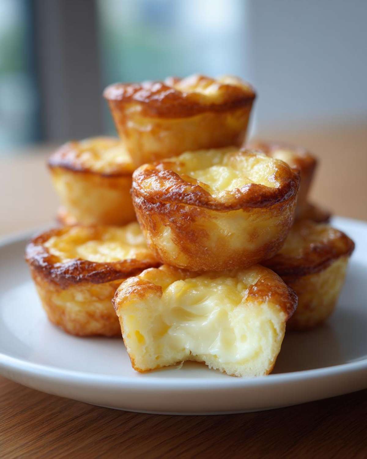 A stack of golden-brown Starbucks Copycat Egg Bites on a white plate, one bitten to show the creamy interior.