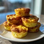 A stack of six golden-brown Starbucks Copycat Egg Bites piled high on a white plate.