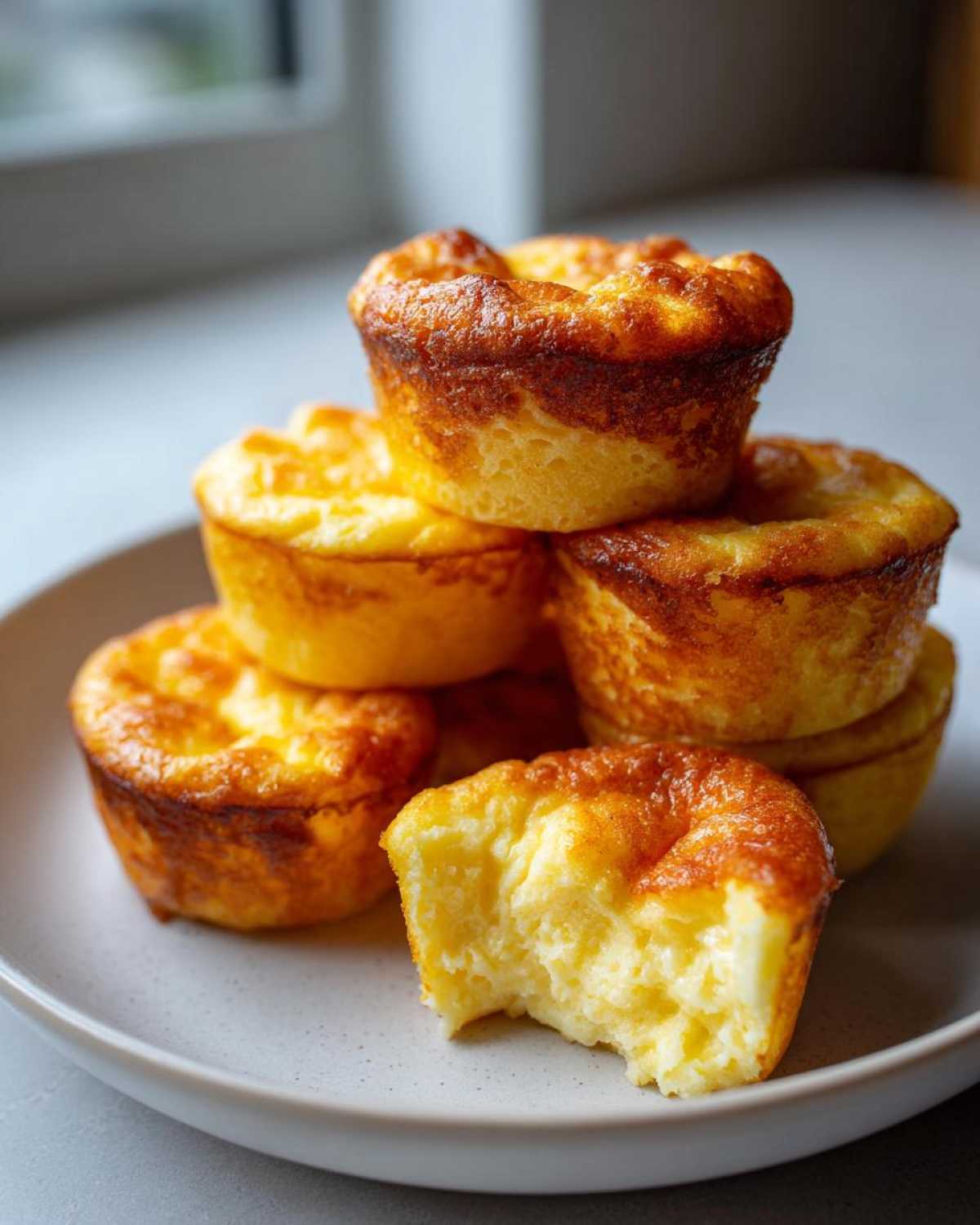 A stack of golden brown Starbucks Copycat Egg Bites on a light gray plate, with one bite taken out.