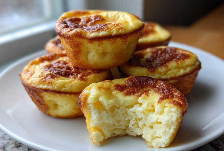 A stack of golden-brown Starbucks Copycat Egg Bites on a white plate, with one bite taken out showing the fluffy interior.