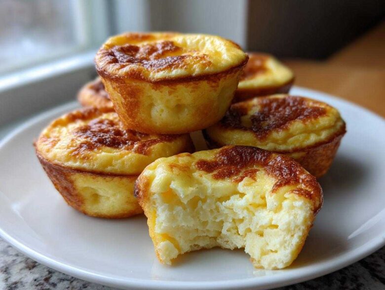 A stack of golden-brown Starbucks Copycat Egg Bites on a white plate, with one bite taken out showing the fluffy interior.