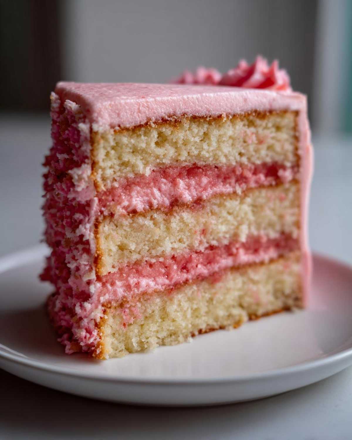 Close-up of a slice of Strawberry Vanilla Cake with Strawberry Frosting showing three layers of vanilla cake and two layers of pink filling.