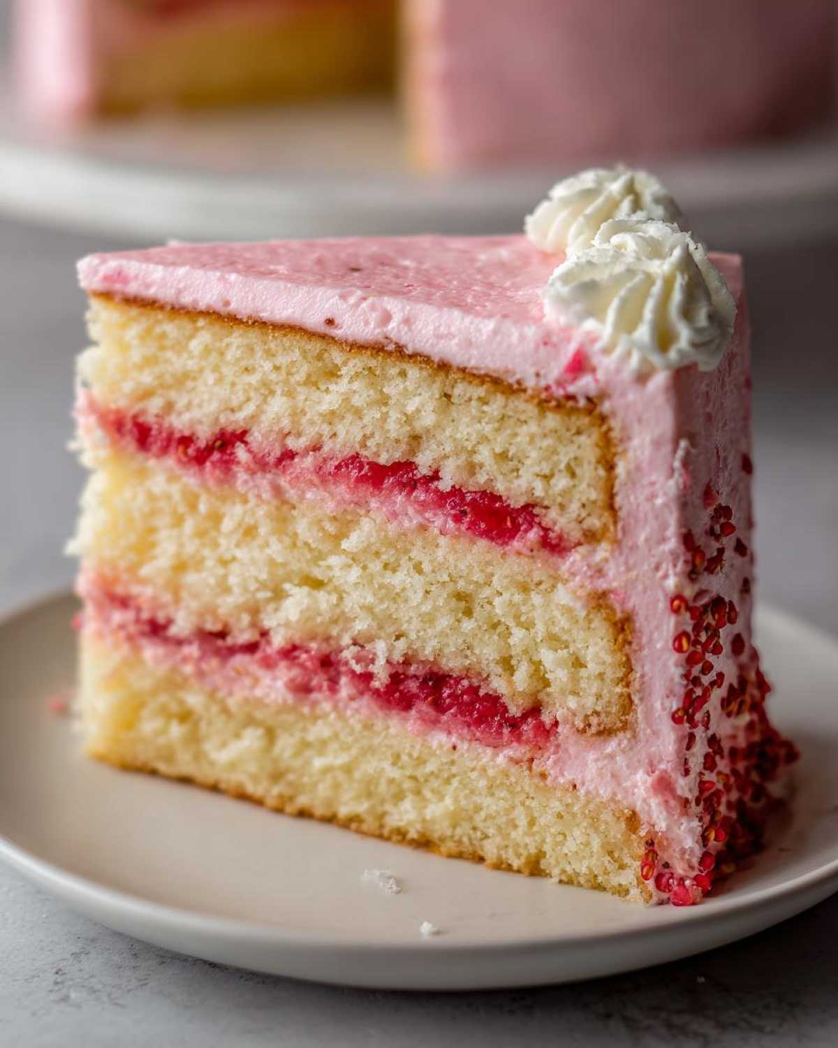 A tall slice of Strawberry Vanilla Cake with Strawberry Frosting showing three layers of vanilla cake and two layers of strawberry filling.