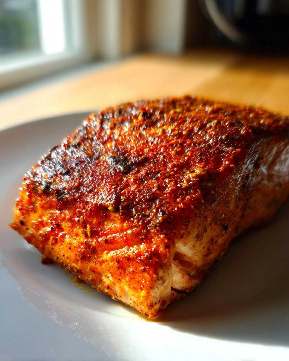 Close-up of a thick, flaky piece of Texas Roadhouse Style Baked Salmon with a heavily spiced, reddish-brown crust.