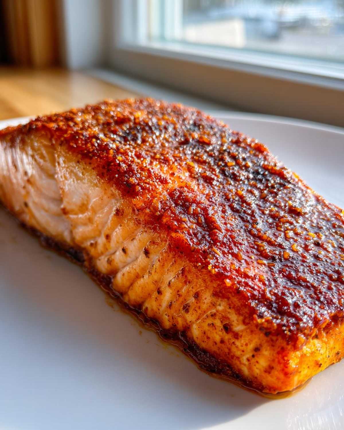 Close-up of a perfectly baked fillet of Texas Roadhouse Style Baked Salmon with a dark, rich spice crust.