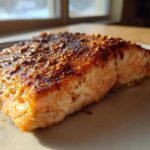 Close-up of a perfectly cooked Texas Roadhouse Style Baked Salmon fillet with a seasoned, browned crust.