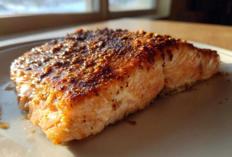 Close-up of a perfectly cooked Texas Roadhouse Style Baked Salmon fillet with a seasoned, browned crust.