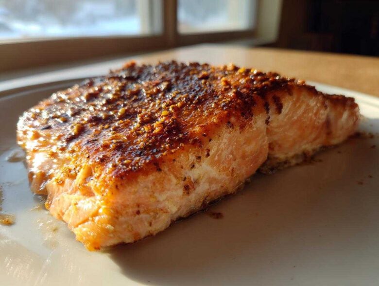 Close-up of a perfectly cooked Texas Roadhouse Style Baked Salmon fillet with a seasoned, browned crust.