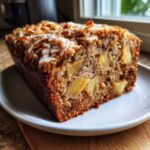 Close-up of a slice of Tropical Hawaiian Banana Bread with visible chunks of pineapple and a light glaze on top.
