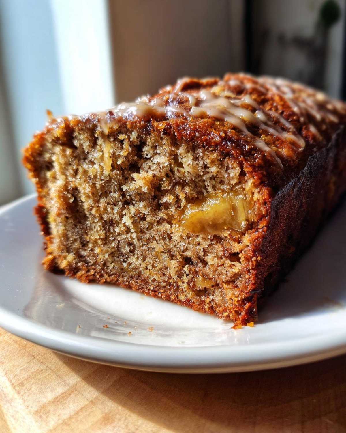 A moist slice of Tropical Hawaiian Banana Bread with pineapple chunks visible, topped with a light glaze.