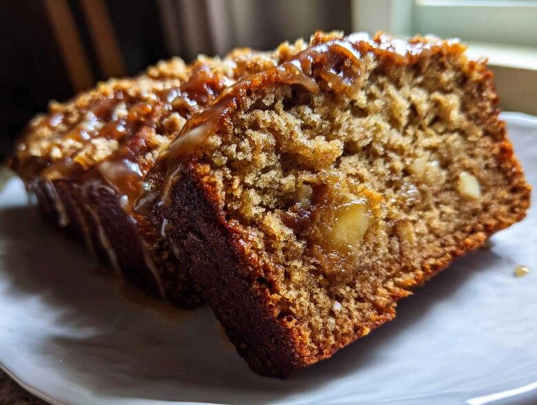 Two slices of moist Tropical Hawaiian Banana Bread with a rich caramel glaze and visible chunks of fruit or nuts.