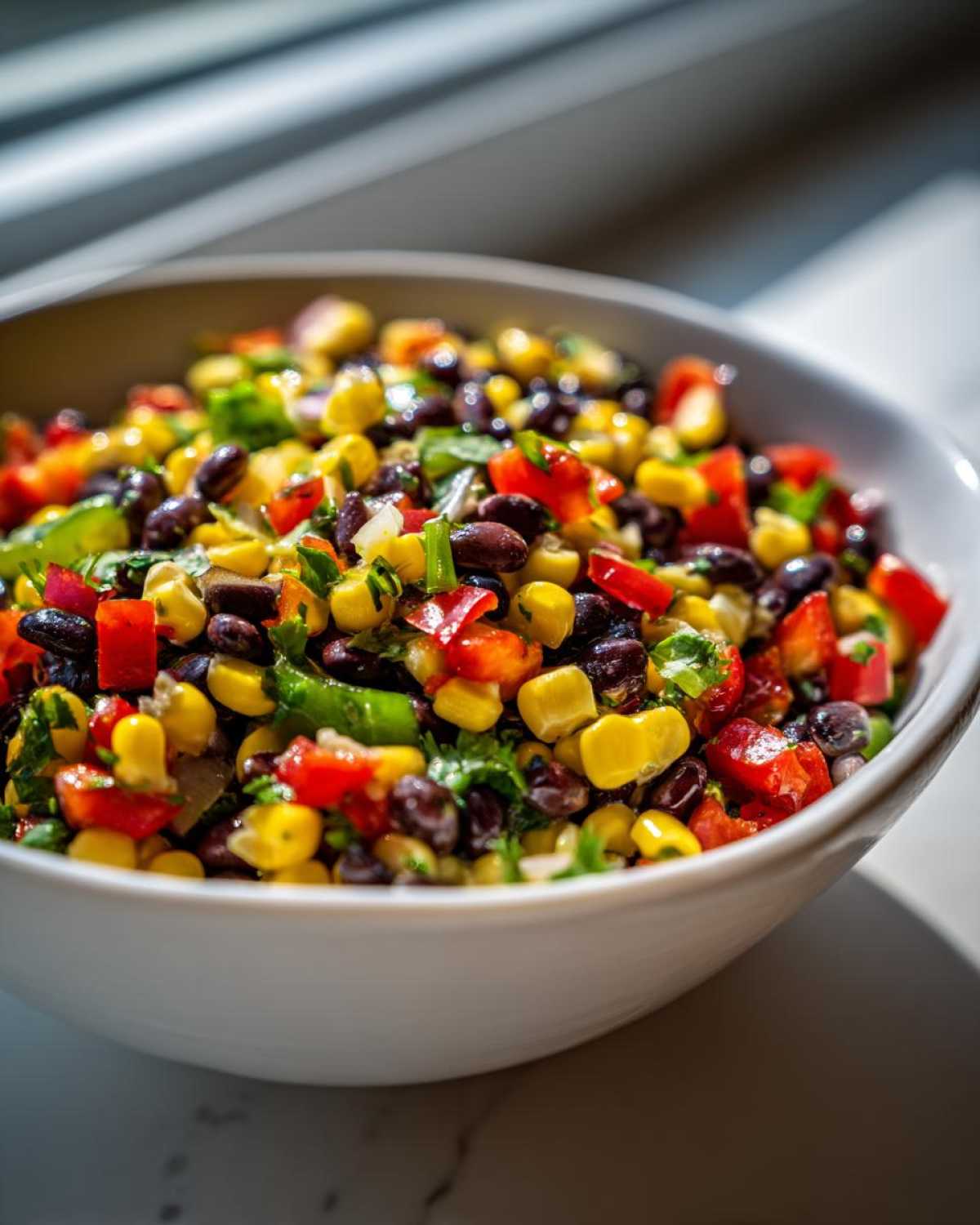 Close-up of fresh Cowboy Caviar Dip featuring black beans, corn, red peppers, and cilantro in a white bowl.
